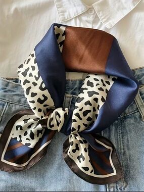Silk Feeling Navy, Brown & Ivory Patterned Women’s Scarf